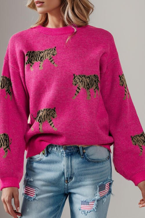 The Tess Tiger Pattern Round Neck Drop Shoulder Sweater - PEONIES & LIME