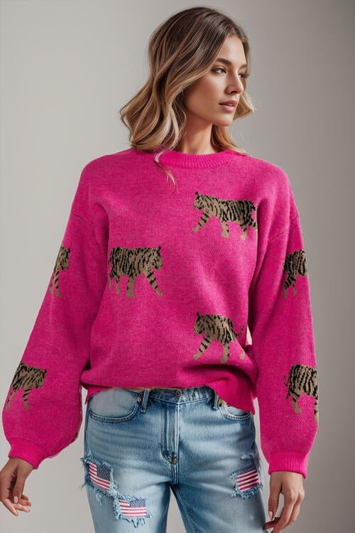 The Tess Tiger Pattern Round Neck Drop Shoulder Sweater - PEONIES & LIME