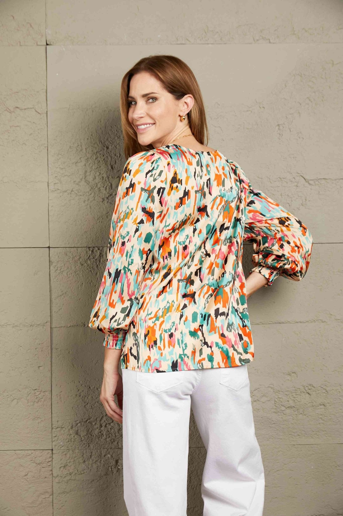The Tilly Multicolored V-Neck Lantern Sleeve Shirt - PEONIES & LIME