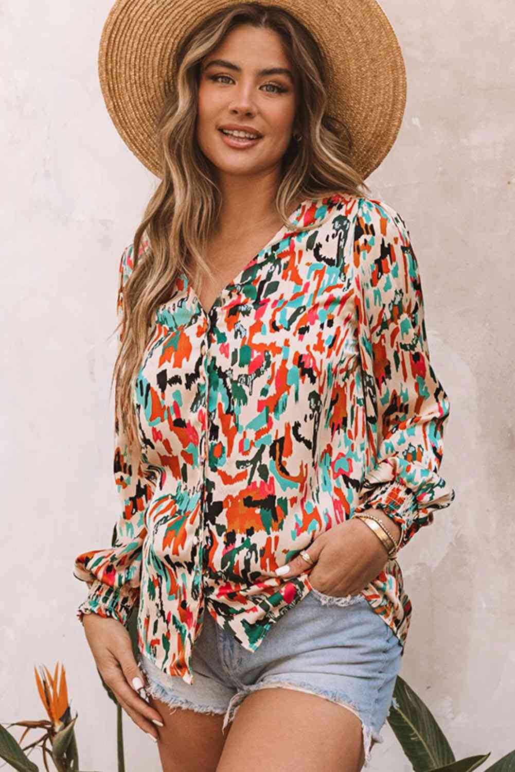 The Tilly Multicolored V-Neck Lantern Sleeve Shirt - PEONIES & LIME