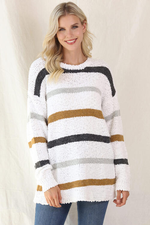 The Vanessa Striped Popcorn Texture Sleeve Sweater - PEONIES & LIME