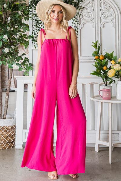 Veveret Pocketed Spaghetti Strap Wide Leg Jumpsuit - PEONIES & LIME