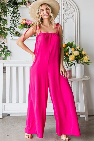 Veveret Pocketed Spaghetti Strap Wide Leg Jumpsuit - PEONIES & LIME