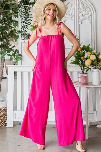 Veveret Pocketed Spaghetti Strap Wide Leg Jumpsuit - PEONIES & LIME