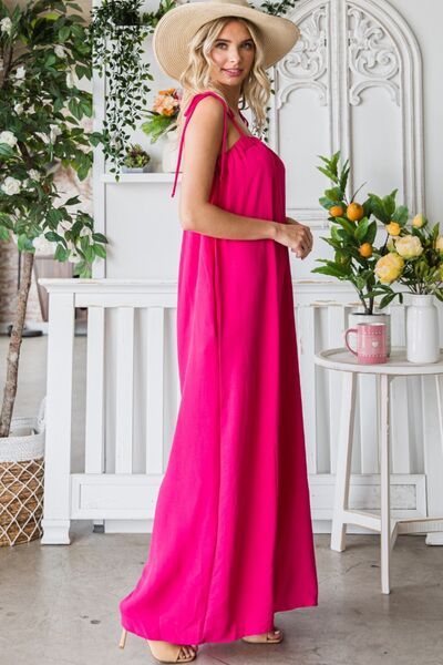 Veveret Pocketed Spaghetti Strap Wide Leg Jumpsuit - PEONIES & LIME