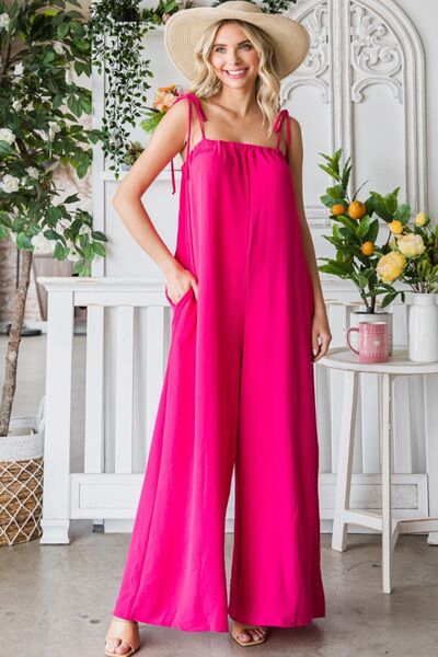 Veveret Pocketed Spaghetti Strap Wide Leg Jumpsuit - PEONIES & LIME