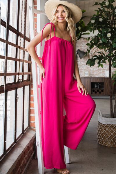 Veveret Pocketed Spaghetti Strap Wide Leg Jumpsuit - PEONIES & LIME