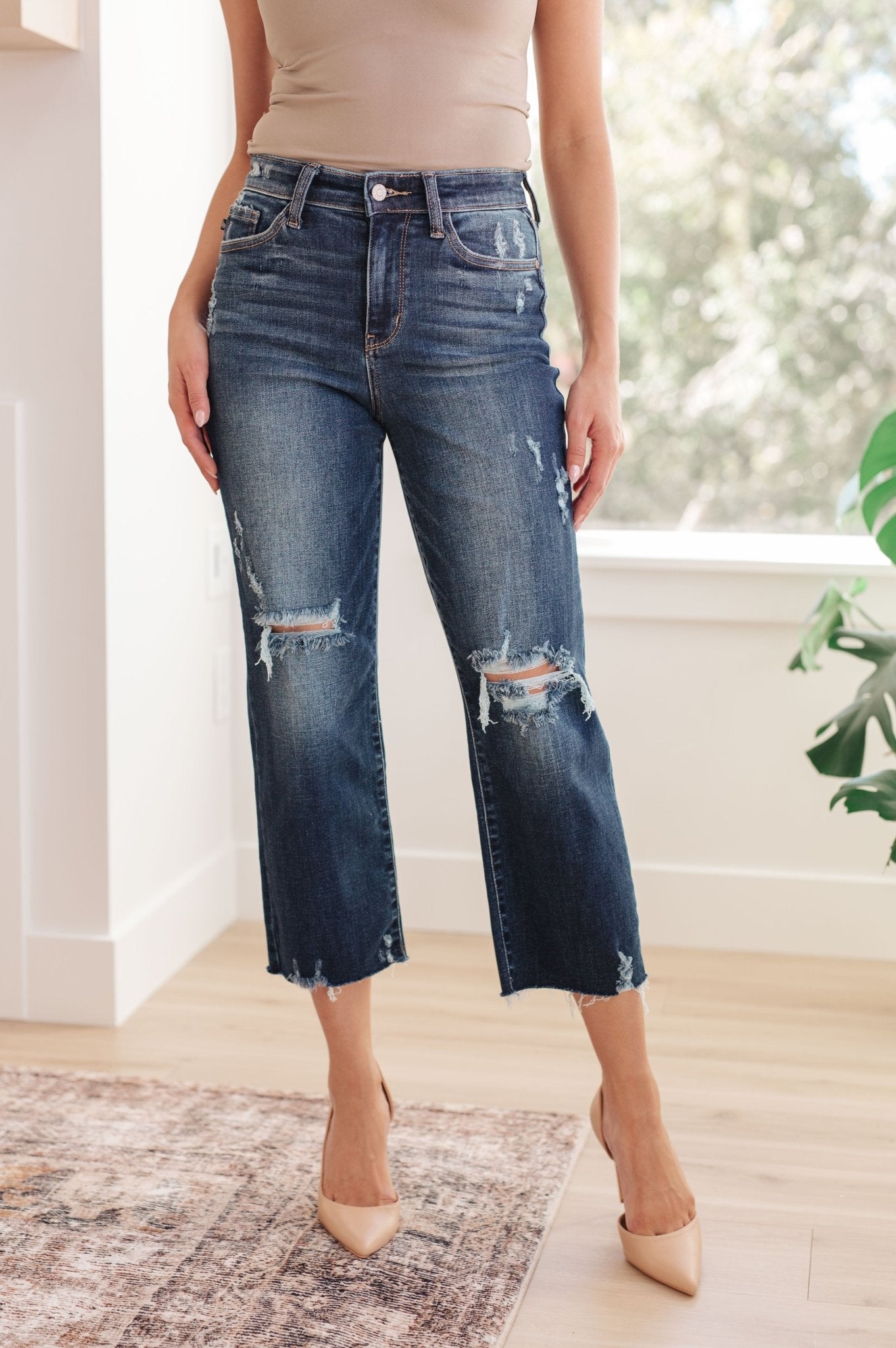 Whitney High Rise Distressed Wide Leg Crop Jeans - PEONIES & LIME