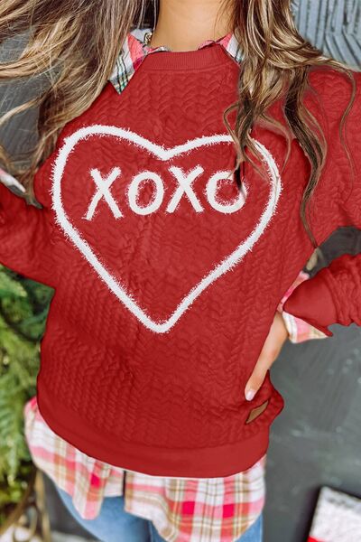 XOXO Heart Round Neck Dropped Shoulder Sweatshirt - PEONIES & LIME