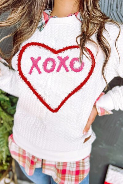 XOXO Heart Round Neck Dropped Shoulder Sweatshirt - PEONIES & LIME
